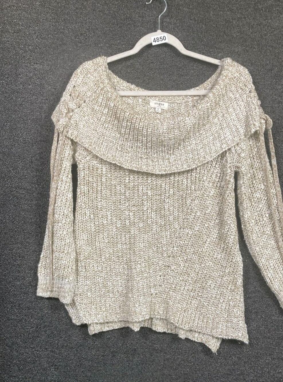 Umgee Chunky Knit Fold Over Sweater Women's Size M Blush Taupe Off The Shoulder